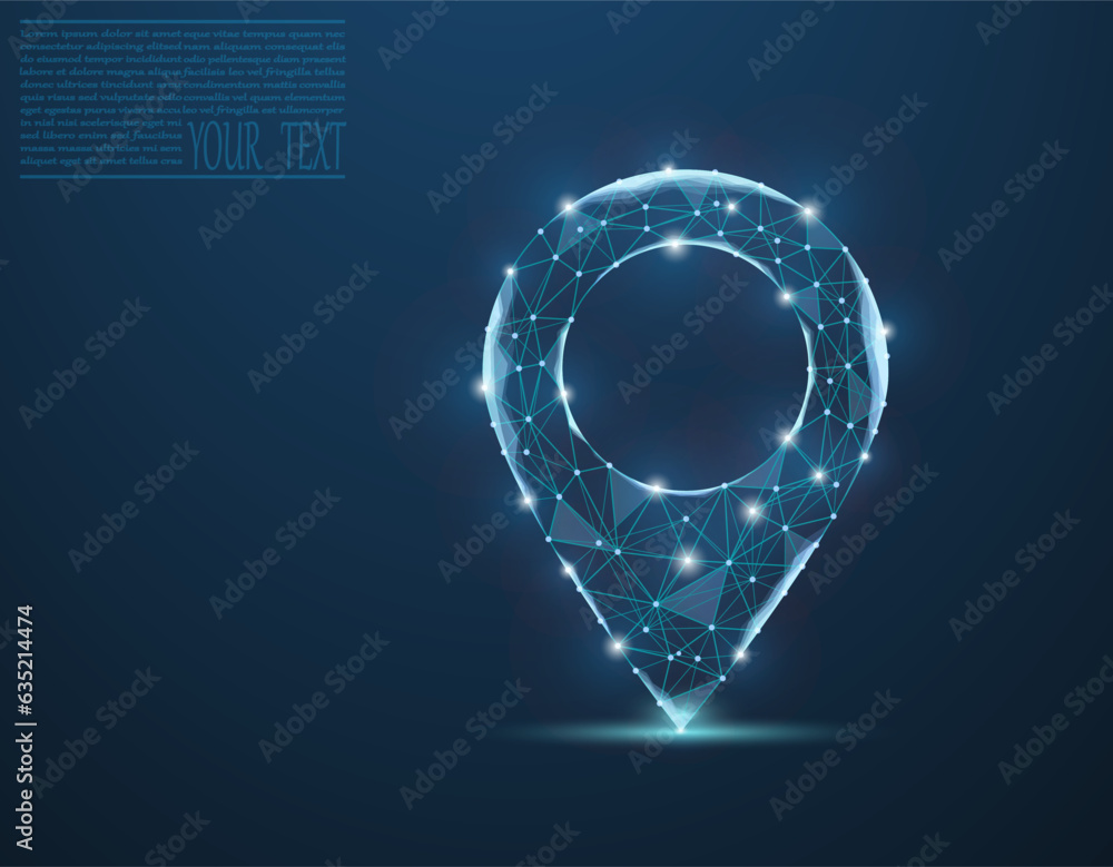 Poster vector illustration of a label for a map, made up of a technological grid and dots.navigator pin che