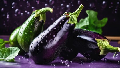 Fresh eggplants with water drops background. Vegetables backdrop
