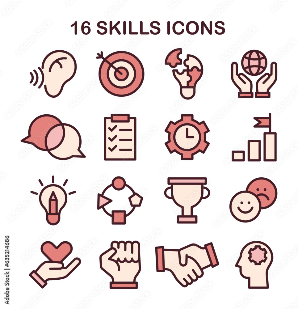 Poster soft skills icons set. professional competences growth. simple linear images