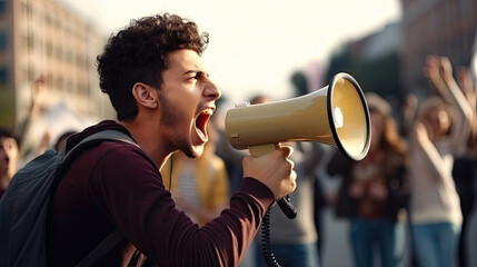 Young man activist angry shouting for his cause among people demonstration