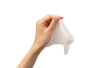 Wet wipe in a woman hand isolated on a white background. - obrazy, fototapety, plakaty