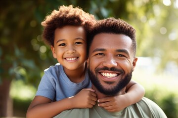 Portrait, happy father and boy smile in garden fun, vacation and break in summer happiness together. Black man and child smile, love and hug outdoor bonding free time on a sunny day in the park