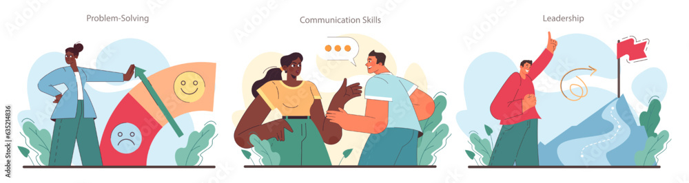 Poster soft skills set. employees with communication and effective teamwork