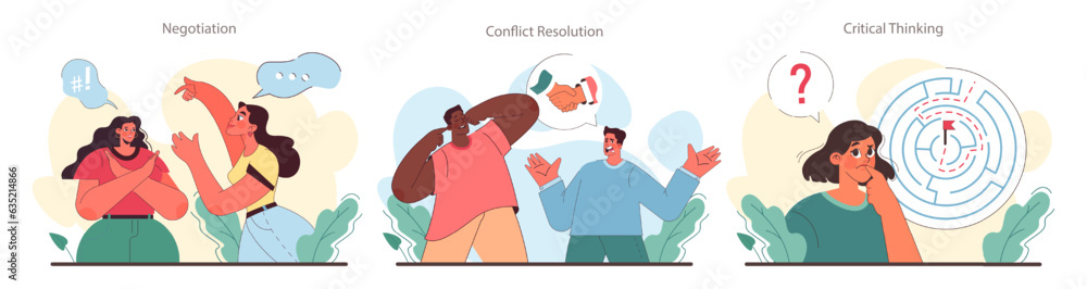 Poster soft skills set. employees with communication and effective teamwork