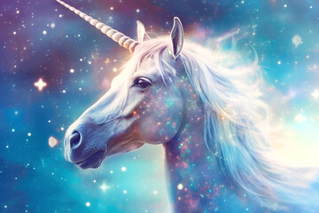 Magic White Unicorn Horse Portrait, Space Scenery