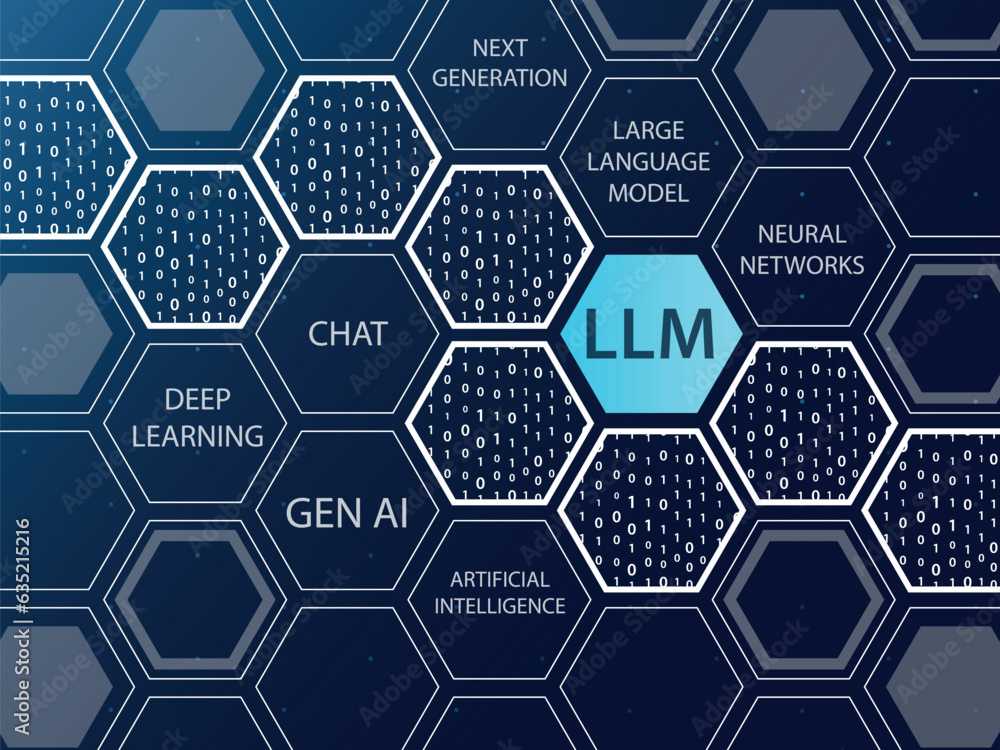Poster llm large language model vector illustration on dar, blue background with hexagonal shapes and words