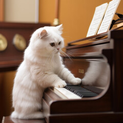 A cute white cat perched on a piano keys