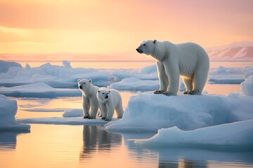 polar bear on ice with a sunrise