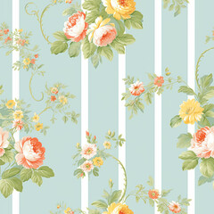 Seamless pattern, tileable English country style blue striped floral print for wallpaper, wrapping paper, scrapbook, fabric and product design