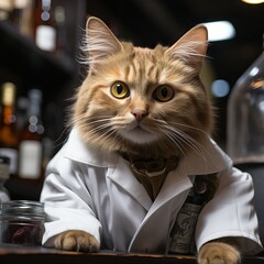 Cat in a white chef's hat. Animal chef. Nice picture on the topic of cooking.