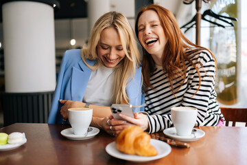 Portrait of two cheerful beautiful women friends sitting in cafe indoors, looking at phone and...