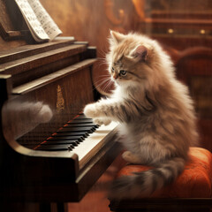 A cute cat perched on a piano keys