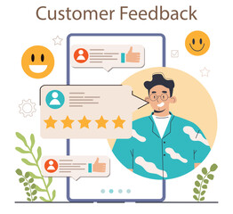 Customer feedback. Character leaves positive comment. Client-oriented
