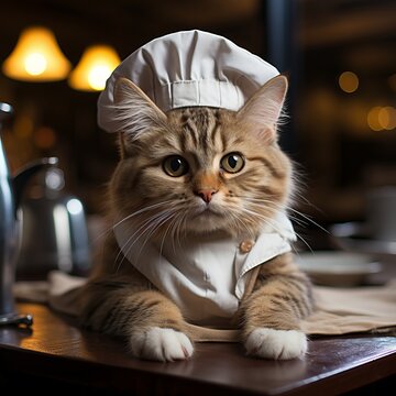 Cat in a white chef's hat. Animal chef. Nice picture on the topic of cooking.
