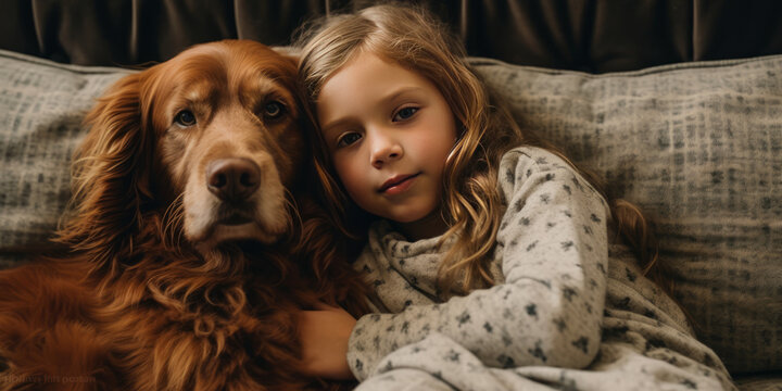 a photo of a child and their dog snuggled up together on a cozy couch