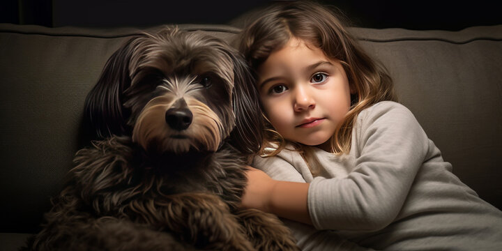 a photo of a child and their dog snuggled up together on a cozy couch