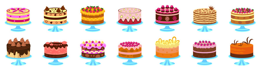 Colored set of different cakes for birthday, anniversary, holiday, celebration. Cake baking, cake design, vector.