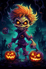 A cartoon character holding two glowing-eyed pumpkins for a spooky Halloween scene