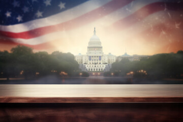 Patriotic Political Scene: Wood Stage with US Capitol Building and American Flag in the Sky Generative AI