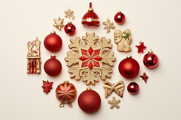 Christmas objects laid out in the shape of a Christmas figures
