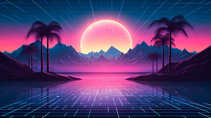futuristic landscape with neon lights, mountains and neon lines.