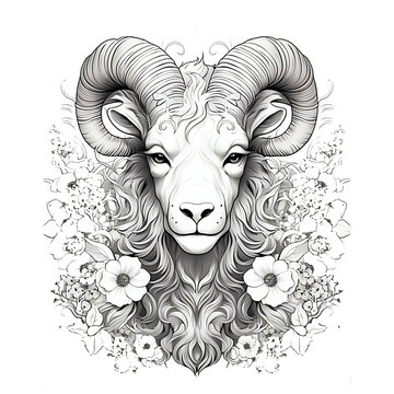 Aries black and white line drawing, Generative AI