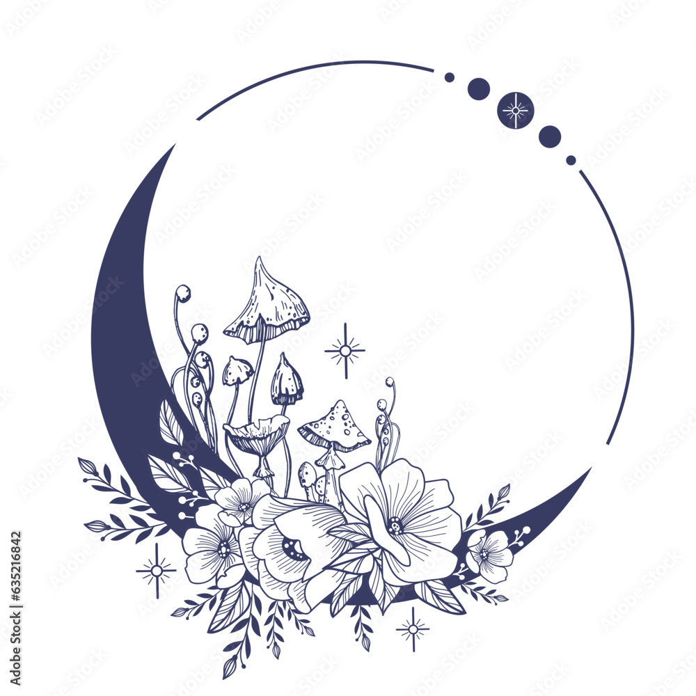 Wall mural mystical vector moon with flowers and mushrooms. esoteric symbolism in the style of boho