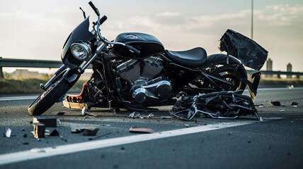 Photo of a motorcycle damaged after an accident on the highway