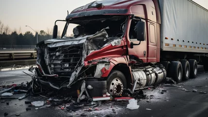 Tuinposter Photo of the damaged truck after an accident on the highway © JKLoma