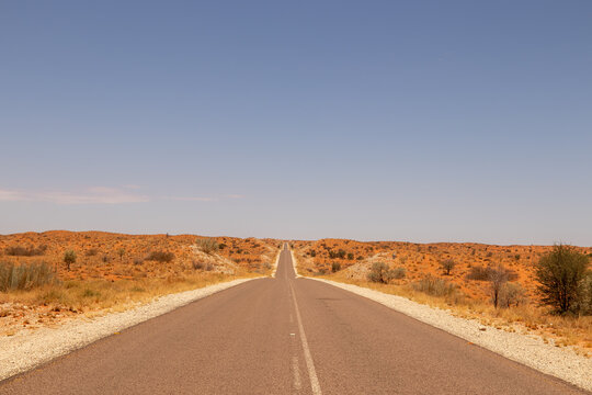 The long, straight, tarred road from Upington to the Kgalagadi Transfrontier Park, South Africa