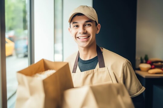 owner portrait business shop job service occupation bakery delivery food store happy cake fresh sweet market order fast courier, created using generative AI technology