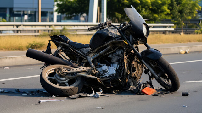 Photo of a motorcycle damaged after an accident on the highway