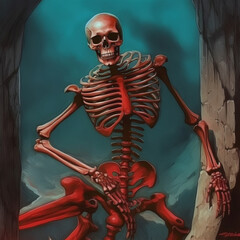 A haunting painting of a skeleton standing in a dark cave