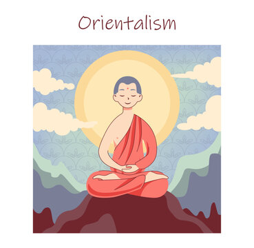 Buddhist monk meditating. Asian religious figure in orange theravada
