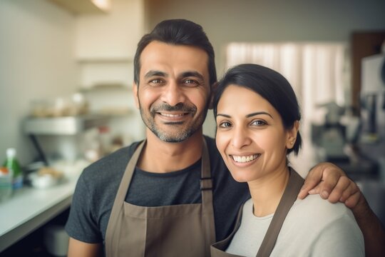 cafe owner portrait business shop job service occupation couple bakery happy food bread cake sweet pastry fresh apron family work, created using generative ai technology