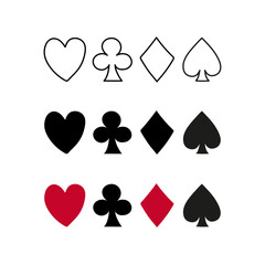 Playing cards icons set. Playing card suits hearts, clubs, diamonds and spades.  
Hand drawn flat vector illustration isolated on white background. Doodle style, red-black colors. 3 kinds of images.