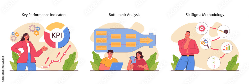Poster business processes optimization set. productive employee with efficient