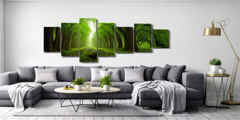 Photorealistic wall decor photo frame above sofa in sitting room indoor