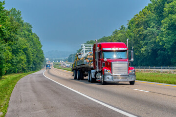 Flatbed Eighteen-Wheeler Transporting Building Materials On Interstate Highway