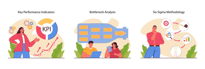 Business processes optimization set. Productive employee with efficient