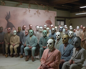 People wearing masks sitting in front of a wall, creating a spooky and mysterious atmosphere