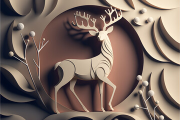 Paper art and digital craft style of deer in forest. Snow in the winter season and Christmas day concept, 3d paper illustration. AI generated 