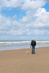 Man walking the dog at the beach