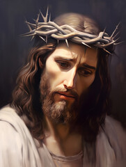 Jesus Christ wearing a crown of thorns, symbolizing his sacrifice for humanity - Christian Illustration