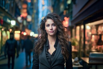 Portrait of a beautiful young brunette woman in the city at night. Generative AI