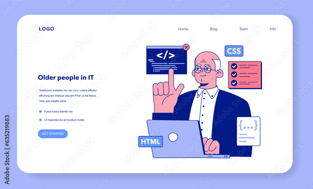 Poster senior developer web banner or landing page. oldman programming