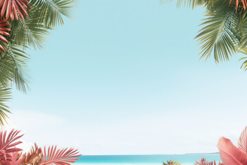 Fototapeta na wymiar Tropical Travel Vacation Graphic Resource: Green and Pink Plant Border, Light Blue Sky, Clouds, Empty Space for Text Generative AI