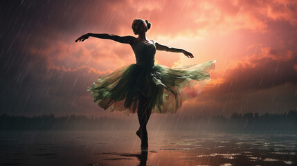Ballerina dancing in the rain with red clouds