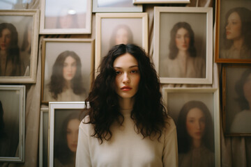 Portrait of a beautiful young woman with curly hair in a white sweater