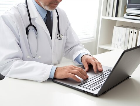 Closeup picture of a doctor typing on laptop in his clinic office